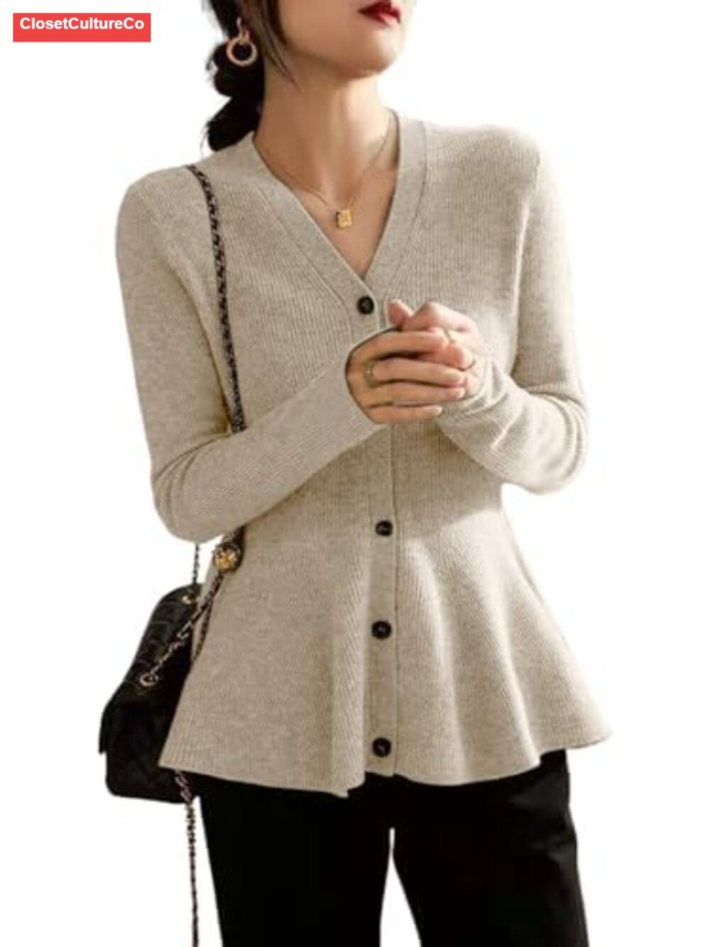 Women Ribbed Knit Ruffle Peplum Button Down Slim Fit Cardigan Sweater
